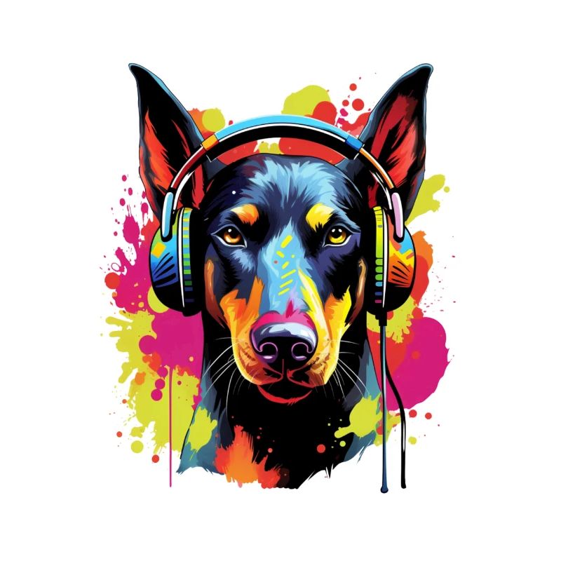 Bunter Dobermann mit Kopfhörer