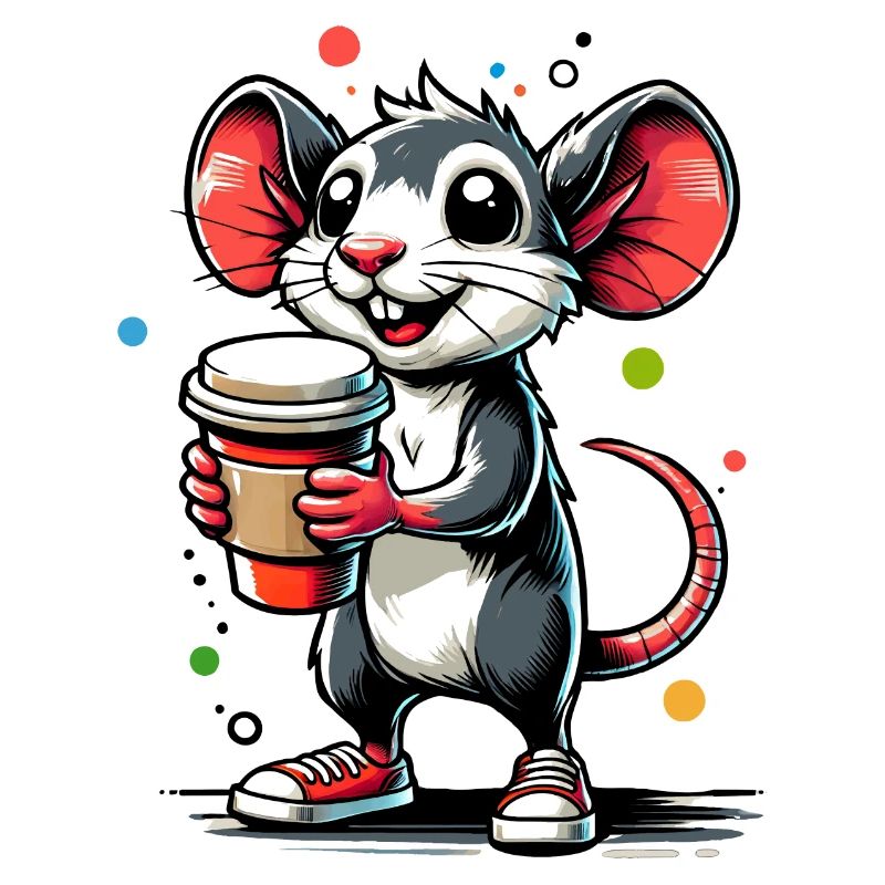 Dessin animé d’une souris joyeuse avec du café