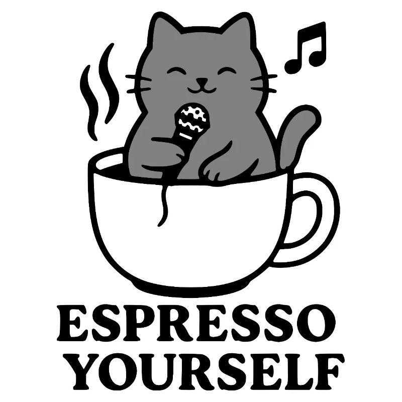 Gray cat, espresso cup, coffee, singing, express