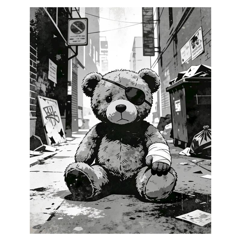Teddybär mit Augenklappe in Straßennähe