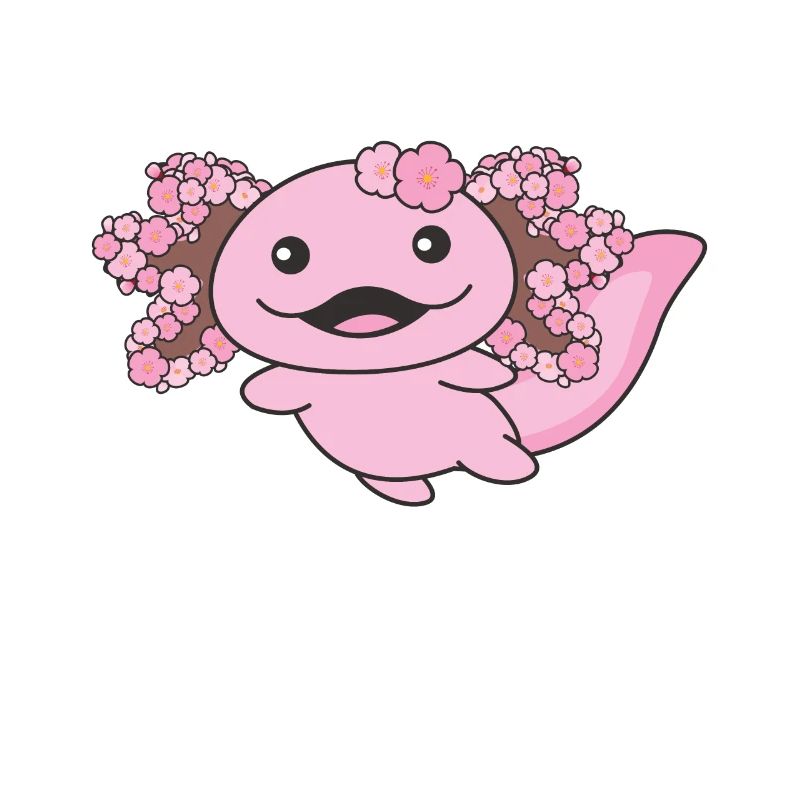 Spring axolotl with cherry blossoms sweet spring