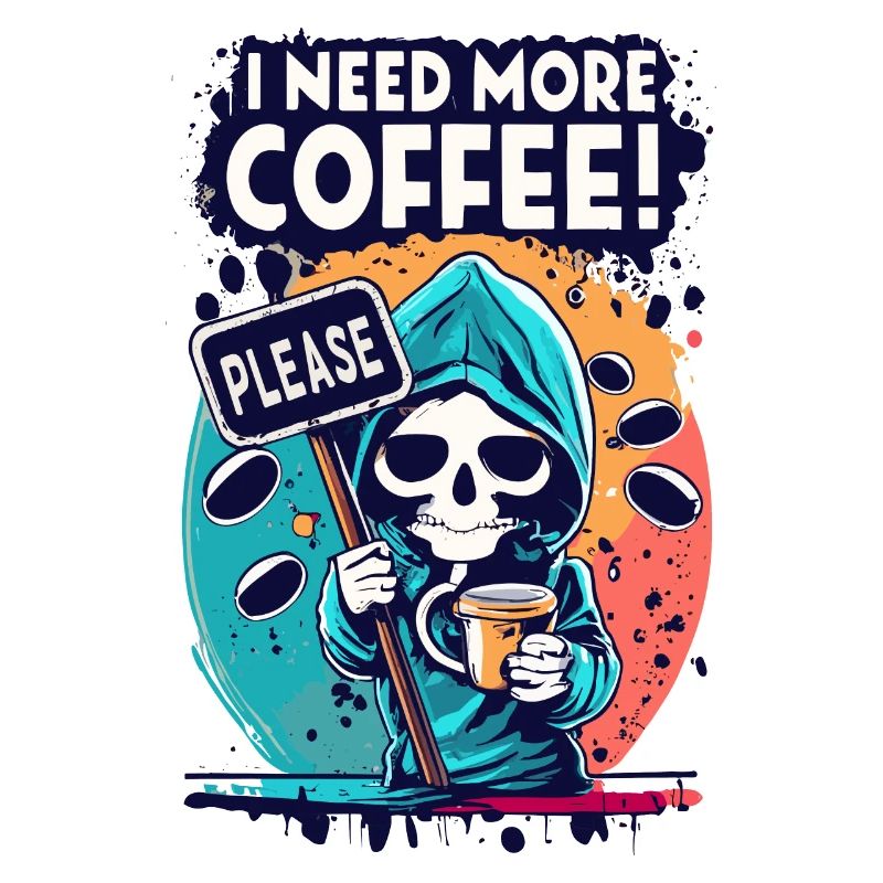 Skeleton Skull I NEED MORE COFFEE Coffee Saying