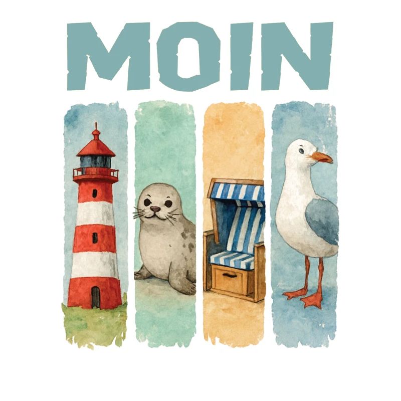Moin Leuchtturm Robbe Strandkorb Möwe Küste