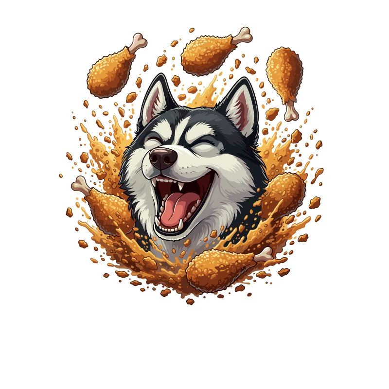 Laughing husky with fried chicken