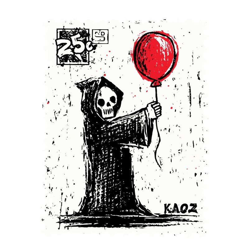 Postage stamp design Grim Reaper with red balloon