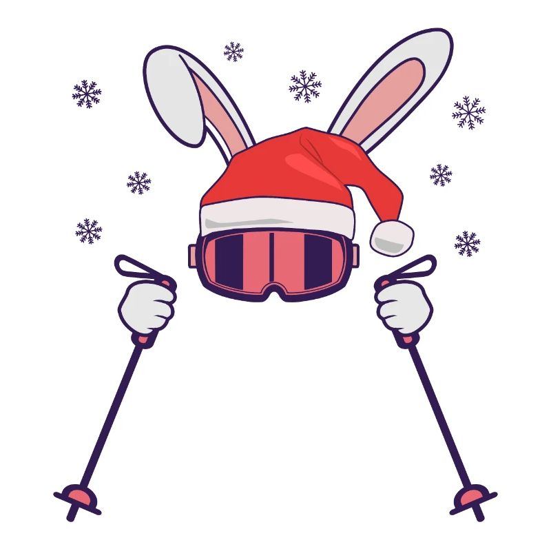 Lapin de ski Lapin de ski avec chapeau de Père Noël et bâtons de ski