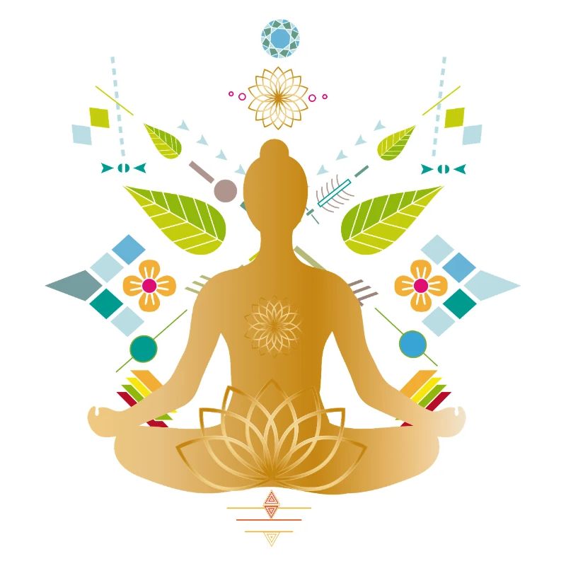 Silhouette de yoga dorée avec des éléments colorés