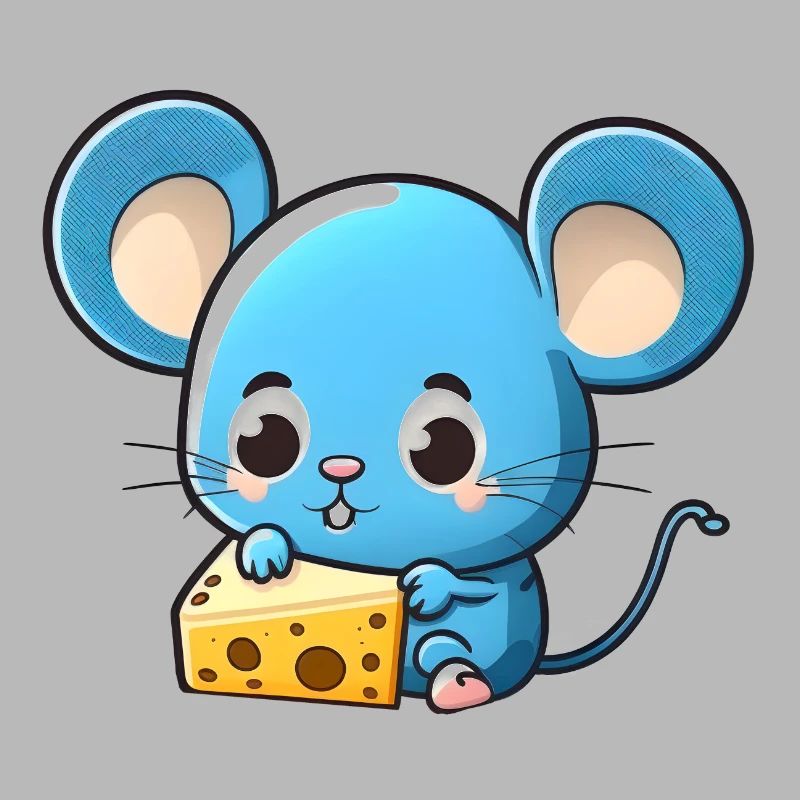 Little blue comic mouse plays with cheese