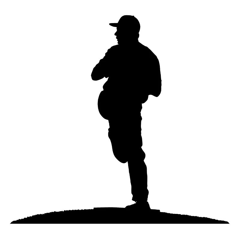 Baseball player, pitcher while throwing ball.
