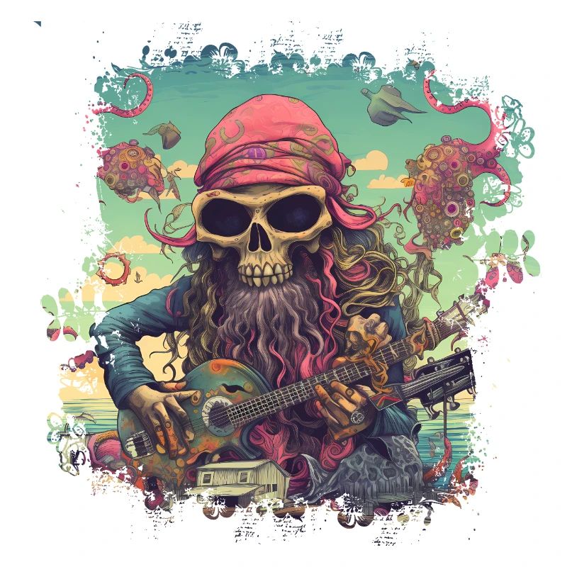 Psychedelic hippie skeleton with guitar