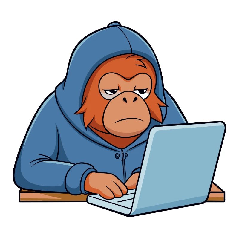 Mignon orang-outan hacker dans un sweat à capuche devant le PC