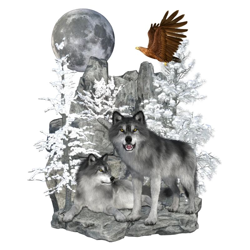 Wolves on rocks with eagle and moon