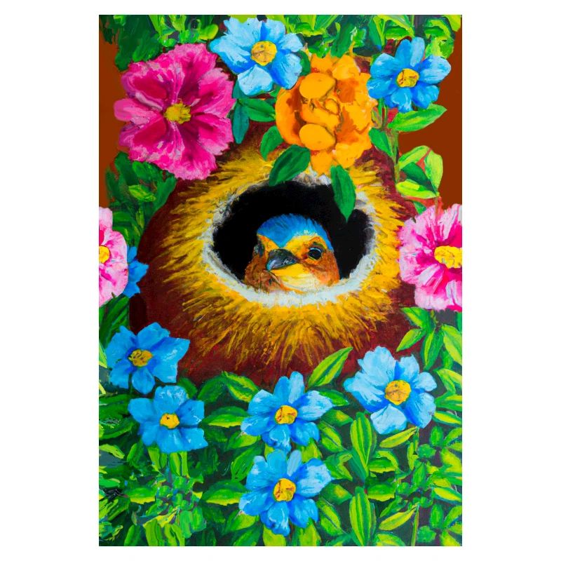 Oiseau dans son nid entouré de fleurs