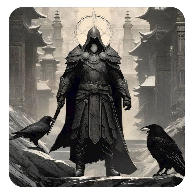 Fier chevalier noir avec des corbeaux