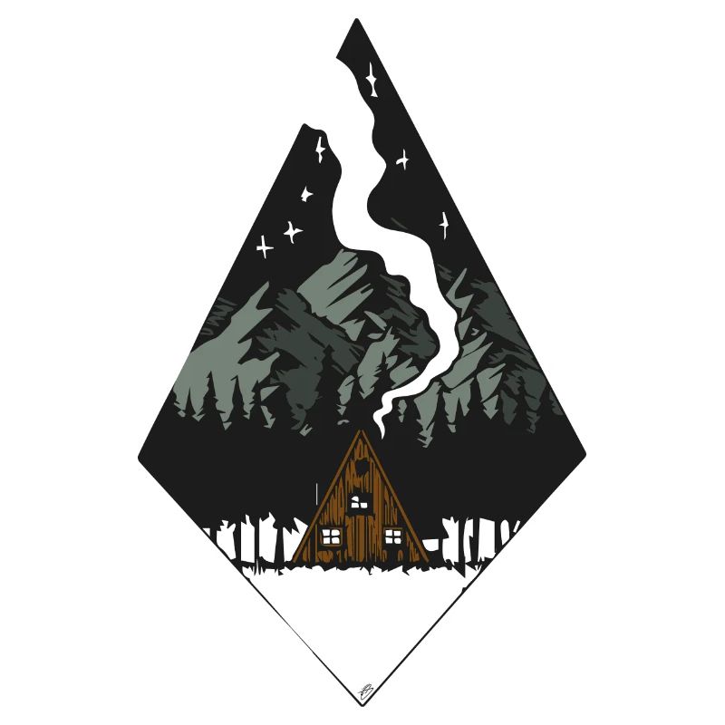 Forest hut under snow-capped mountains