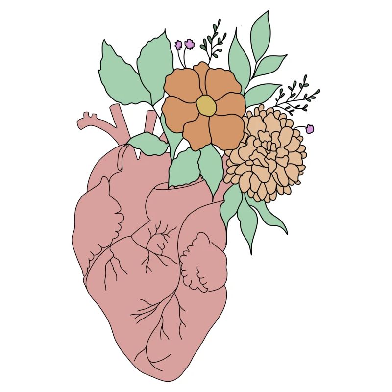 anatomisches Herz mit Blumen, Outline weiß