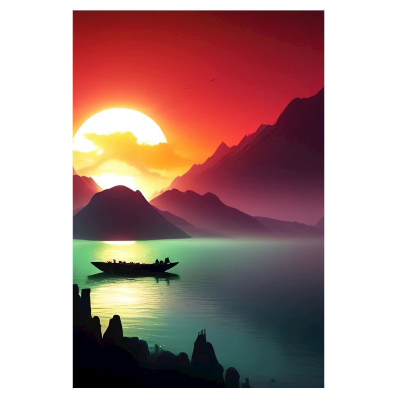 Landschaft mit See, Boot und Berge