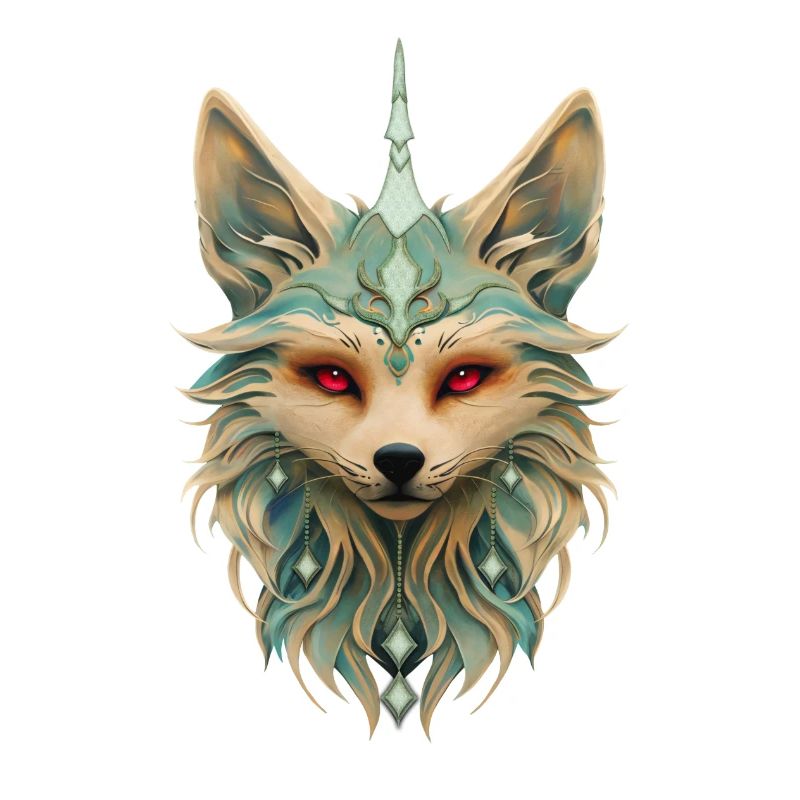 Mystical fox with piercing red eyes.