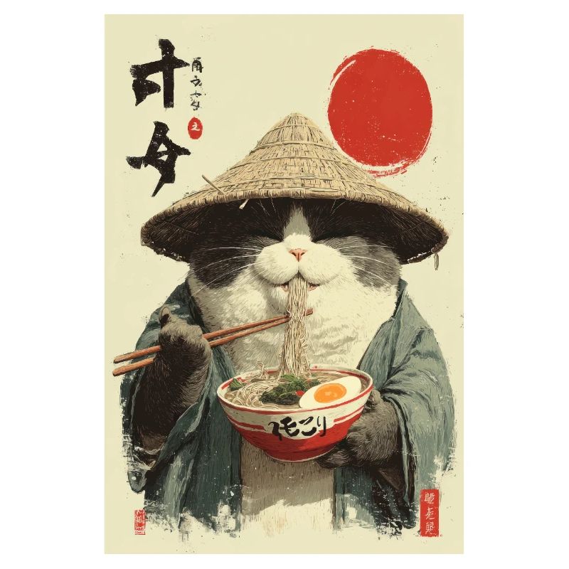 Chat samouraï mangeant des ramen