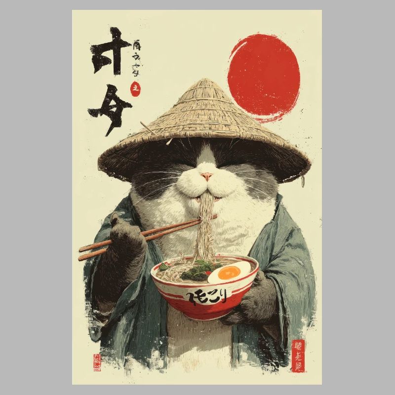 Chat samouraï mangeant des ramen