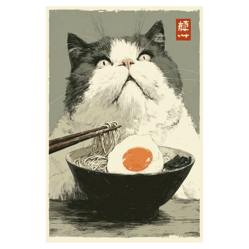 Chat fixant un bol de ramen