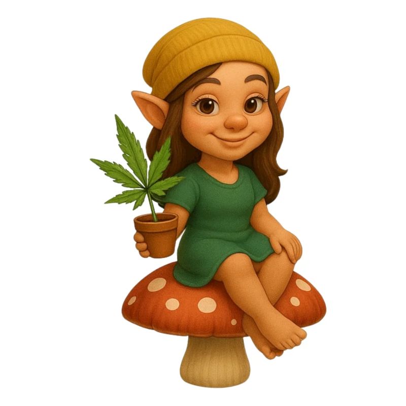 Zwergin auf Pilz mit Cannabispflanze