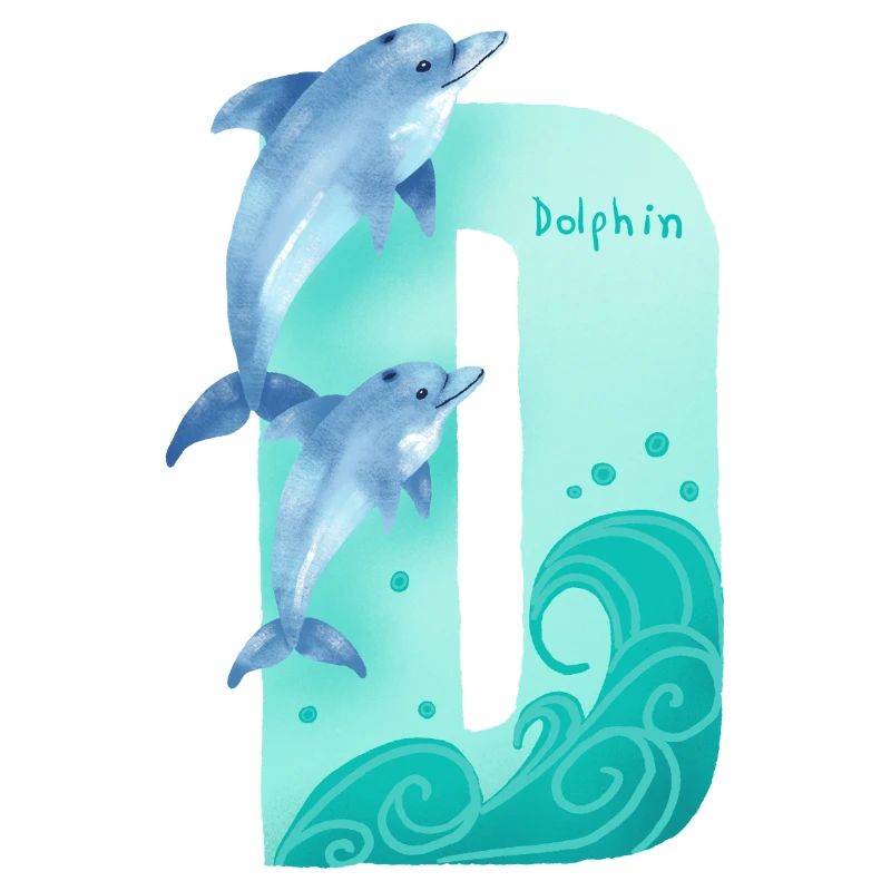 Whimsical Alphabet. Letter D. Blue Dolphin design.