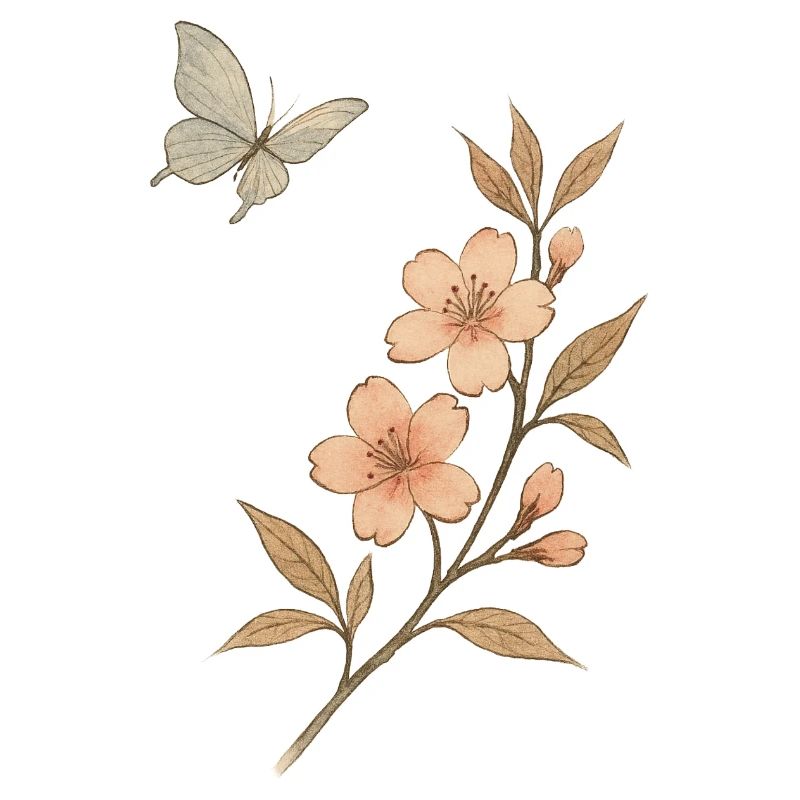 Aquarelle Fleur Branche Papillon