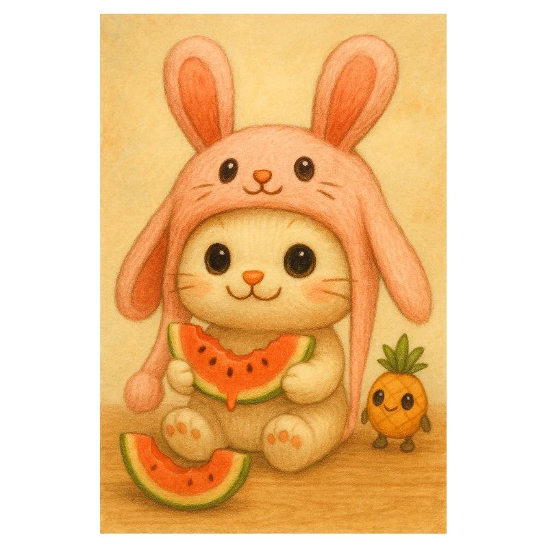 Lapin pastèque au chapeau rose