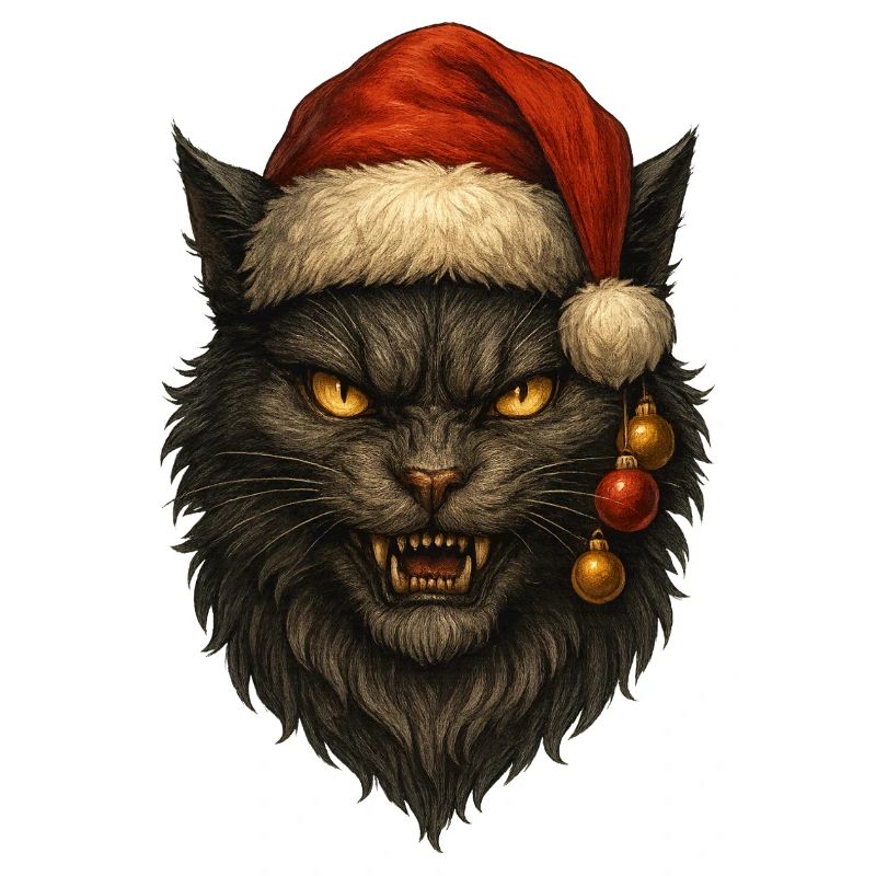 Schwarze Katze mit Weihnachtsmütze