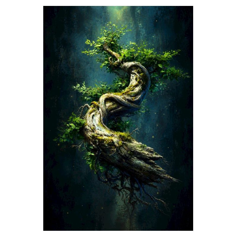 Spiral Verdant Tree in Dark Abyss
