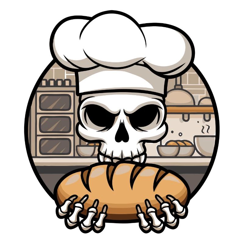Funny Baker Skull with Bread. Old man bakes