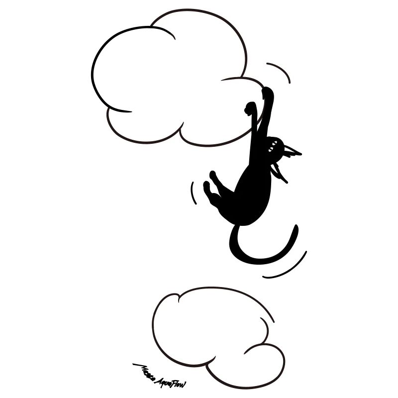 Schwarze Katze hängt an einer Wolke.