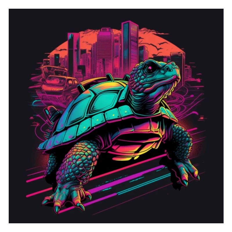 Schildkröte in Neonfarben 80er Synthwave Style