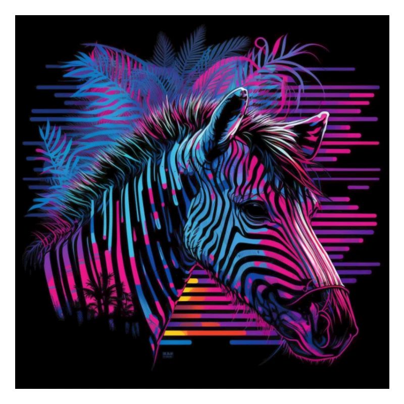 Zebra with neon colors, synthwave / 80s