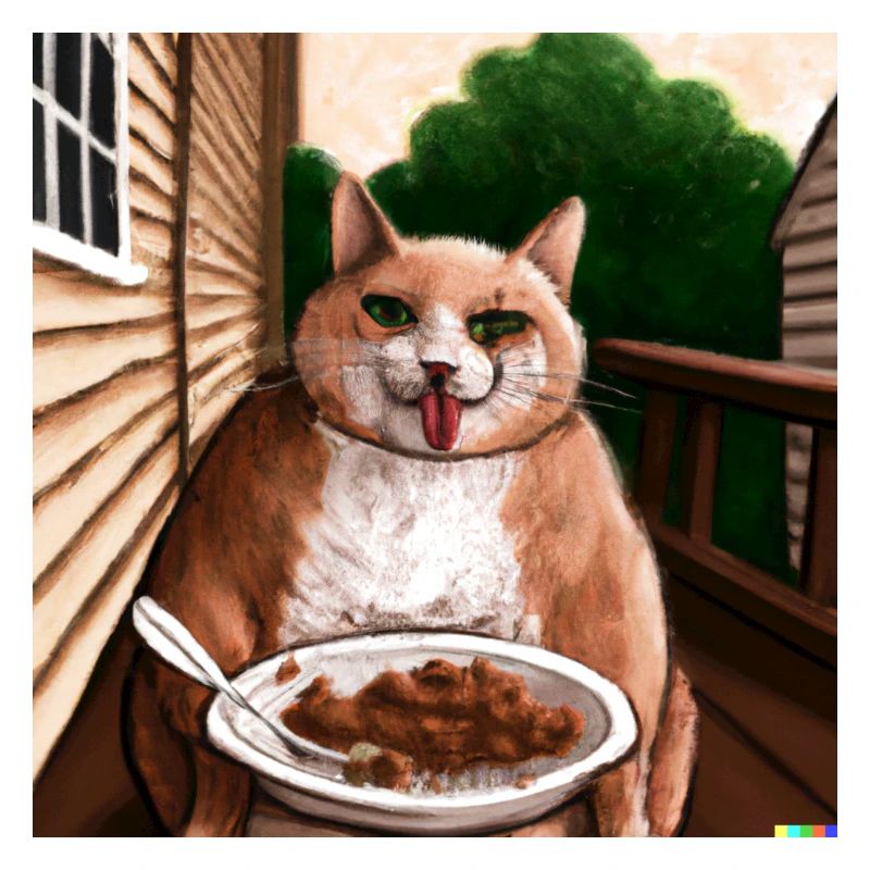 Cat with tongue outstretched eats on balcony