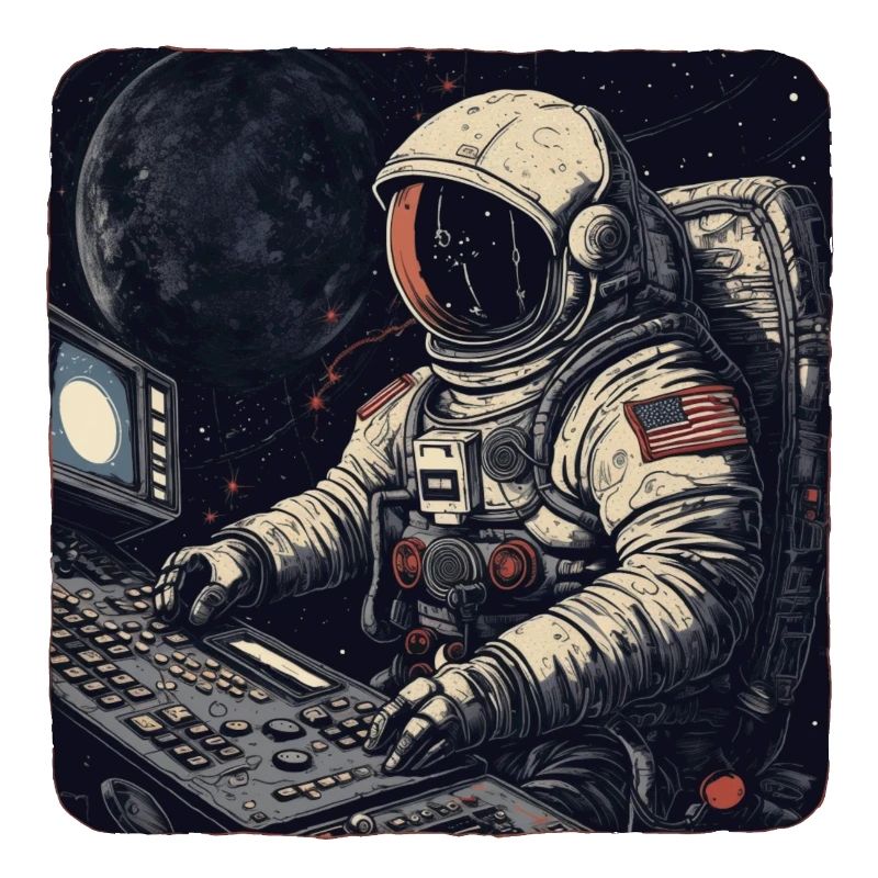 Cool retro astronaut operates computers