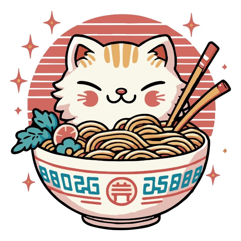Chat Kawaii Mignon mangeant des Ramen - 1