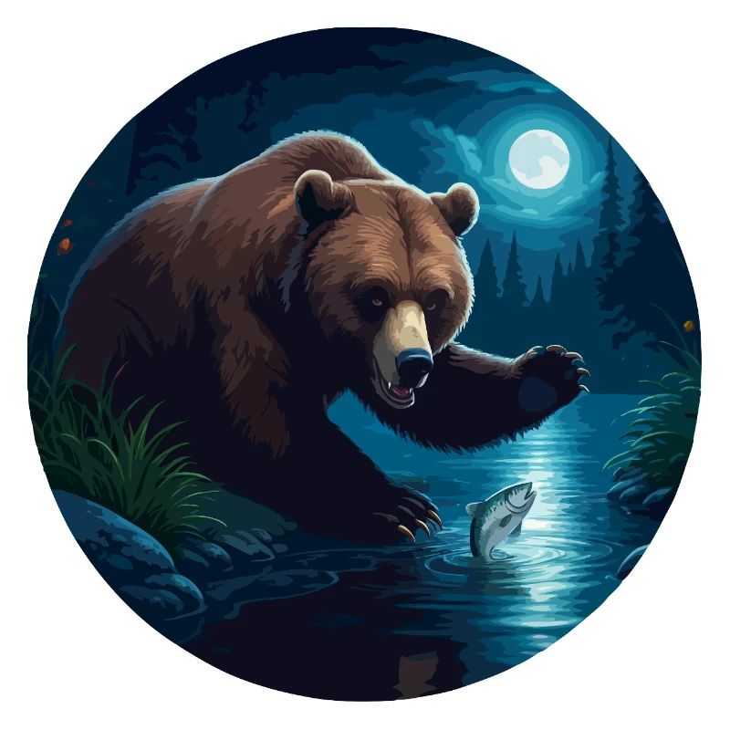 L’ours attrape du poisson au clair de lune