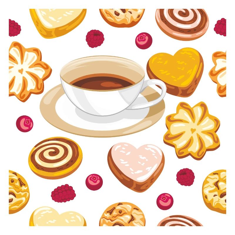 Modèle sans couture avec des biscuits, des baies et du café