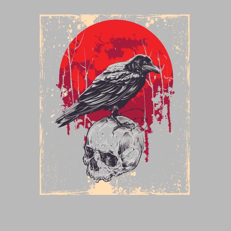 Gothic Skull-Red Moon-Black Crow