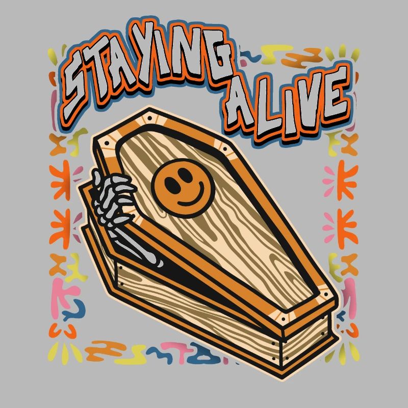 Funny skeleton, comic skeleton with coffin, saying