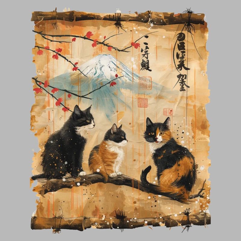 Mt. Fuji Kitten Papyrus Scroll Retro