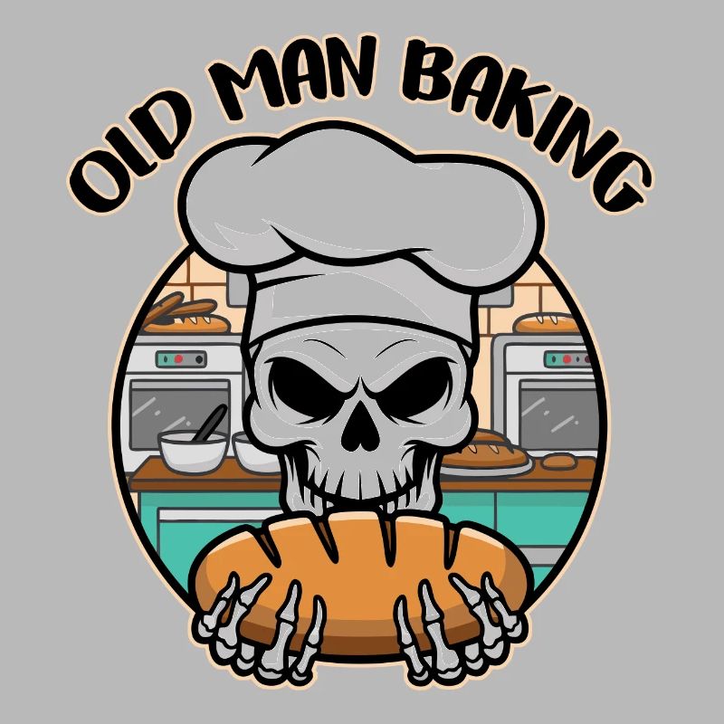 Funny Baker Skull with Bread. Old man bakes