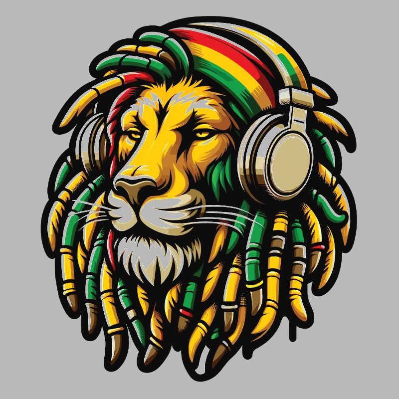 Ein Rasta-Löwe mit Dreadlocks und Kopfhörern