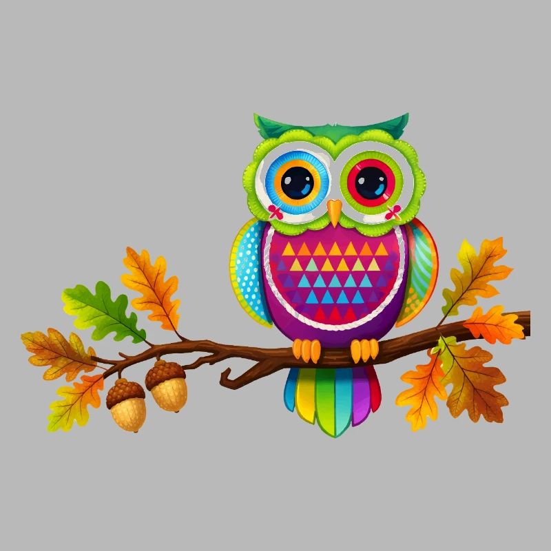 Bunte Eule auf Ast mit Herbstblättern