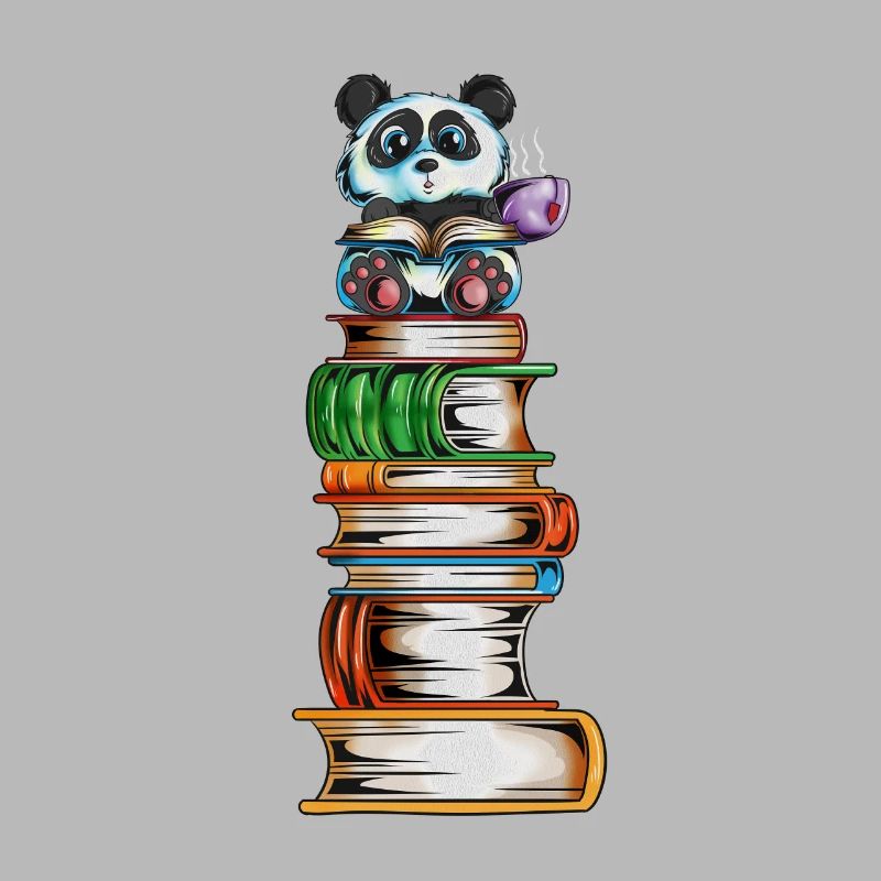 Panda bear on a book tower with tea Read the book