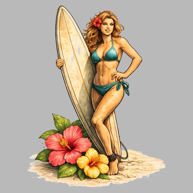 Surfeur avec planche et fleurs d’hibiscus