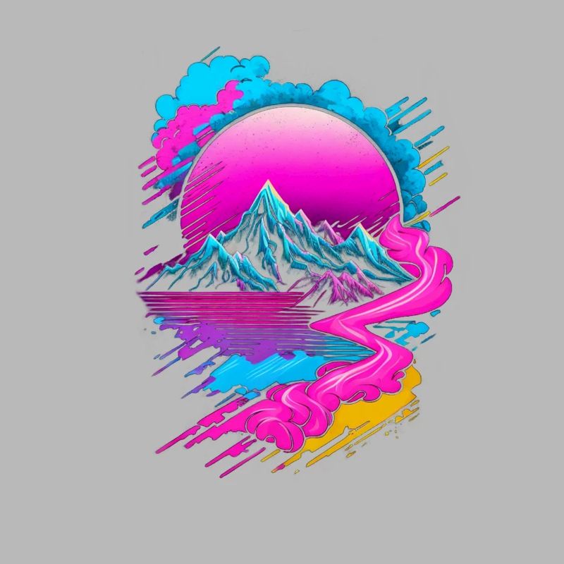 Vaporwave Abstract Landscape Moon Tree Waterfall