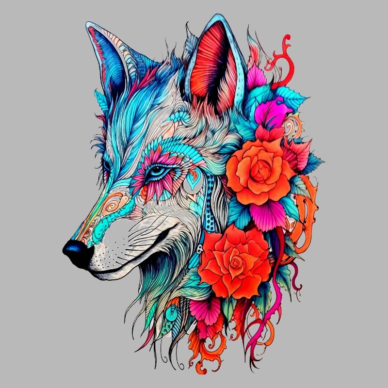 Wolf mit Blumen Mädchen